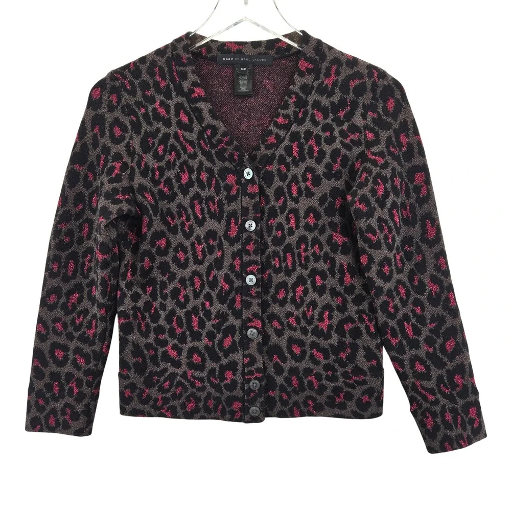 Marc by Marc Jacobs Pink Metallic Leopard Print Wool Blend Cardigan Sweater S XS